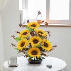 해바라기 조화 센터피스 스프링옹기수반 B set 50cm 인테리어 꽃 테이블 장식 소품 금전화 풍수 행사 개업, 옐로우, 단품