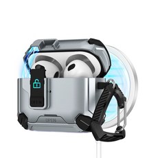 AirPods Pro粉色防摔保護殼，帶鎖扣與登山扣，堅固耐用，時尚便攜, 銀色, 1個, AirPods 4代 軍規防摔保護殼 | 隱藏式手機支架 | 按鍵自動彈蓋 | 安全鎖扣設計 (附掛鉤)