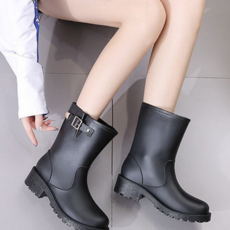 미들 부츠 데일리 심플레인 여성 부츠 장마철 블랙레인 두꺼운 캐주얼 미끄럼 키높이 버클 방지 방수 고무