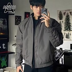 ANYOU순색의 남자 자켓 점퍼 아메리칸 하이넥 파일럿 재킷 오버핏 무지 코트 셔링 디자인 캐주얼 상의 스트리트 패션 블루종 야구복