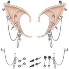 FRESHME 실버 피어싱이 달린 요정 엘프 귀 2쌍 - 고딕 엘프 이어 커프 스컬 로즈 크로스 스터드 스털링 귀걸이 메탈 실버 보석 없음, 고딕 엘프 이어 커프 - 스털링