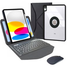 Powerway 適用於2025 iPad (A16) /10代 圓雅型藍牙鍵盤皮套保護殼 (附贈同色無線滑鼠), 尊貴黑(黑色鍵帽/黑色滑鼠/黑色保護殼)