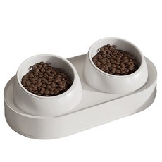 傾斜寵物陶瓷雙碗，雙碗設計減輕頸椎壓力，防滑穩固易清洗, 陶瓷碗-白色, 1套