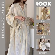 簡約休閒寬鬆長款外穿睡袍家居服, 扎染, M