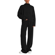PRETTYGARDEN 여성용 가을 스웨트수트 투피스 세트 모크넥 긴소매 니트 탑 와이드 레그 팬츠 라운지 세트 여행 의상 (블랙 라지)