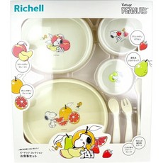 Richell 史努比兒童餐具套裝，寶寶碗盤叉匙組，安全無毒輕巧耐用, 離乳食小分裝杯+易舀離乳食匙+握持式湯匙＋叉子組+易舀碗+易舀餐盤+易舀餐盤, 寶寶餐具組, 1個