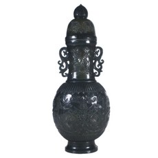 《博古珍藏》清【天然和闐菠菜碧玉籽料】【薄胎花卉紋玉蓋瓶】早期收藏．老件文物．附收藏錦盒．底價回饋, 1個