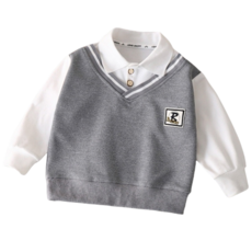 萱寶媽咪baby童裝館 韓版兒童假兩件長袖襯衫 學院風POLO衫 中大童上衣