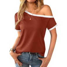 Remidoo 여성용 반소매 오프 숄더 링거 티셔츠 루즈핏 캐주얼 여름 상의 블루. M, 레드