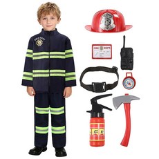 장난감과 액세서리가 포함된 어린이용 소방관 의상 소년 소방관 생일 할로윈 파티 드레스 업 롤 플레이, 7-8 Y / Large, 블루