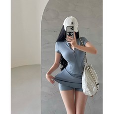 工廠服飾直髮 歐美裸感速乾瑜伽套裝 網球運動健身裙裝兩件套 短袖拉鍊上衣 騎行服 戶外運動訓練 立領緊身t恤