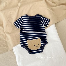 新生兒條紋包屁衣 短袖夏季空調服 附熊熊圖案, 1個, 藍色,66cm
