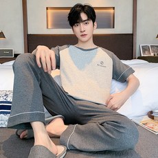 잠옷 남성용 여름 순면 반팔 긴바지 얇은 캐주얼 홈웨어 세트