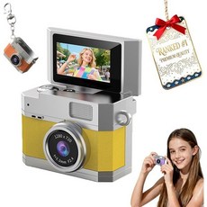 2026 새 미니 디지털 카메라 1.47인치 플립 LCD 화면 1080p 레트로 CCD 32/64/128GB 카드 키체인 목걸이 포함 인생의 아름다운 순간 기록하기 (노란색, 32GB, 노란색