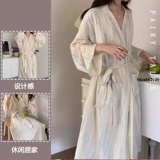 睡裙睡袍 扎染條紋長袖睡衣女不掉毛新款浴袍夏天薄款風甜美睡袍家居服浴袍