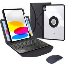 Powerway iPad 10代專用藍牙鍵盤皮套保護殼(含無線滑鼠) - A16型號，輕巧便攜，多角度支撐, 尊貴黑(黑鍵帽/黑滑鼠/黑色透明保護殼)