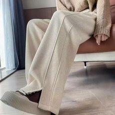 여성 모직 하이웨이스트 트임 디자인 바지 기모 일상 캐주얼 와이드팬츠