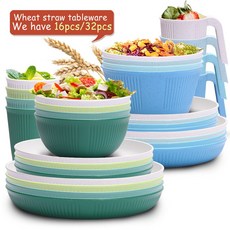 小麥秸稈餐具套裝，家用豎紋沙拉碗盤咖啡杯組, 藍色系,B款四人, 1個