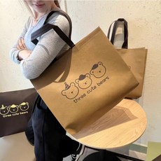 부직포 쇼핑백 선물 복장 대 중 소 손잡이 포장봉투 아기곰 세 마리, 25개, 갈색