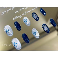 Whisper Nails 穿戴甲 美甲片 指甲片 純手工 群青泰藍 群青花影 冰銀白日系, 1個, S
