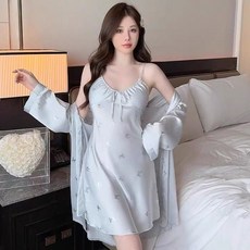 冰絲綢吊帶睡裙睡袍套裝 胸墊設計家居服