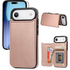 JOYAKI 카드 홀더가 있는 아이폰 17 에어 지갑 케이스 PU 가죽 킥스탠드 카드 슬롯 케이스 액정보호필름 이중 자석 걸쇠 및 내구성 있는 충격 방지 커버 16.8cm, 로즈 골드