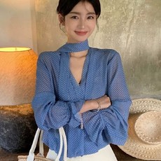 투니스 여성 루즈핏 폴카 도트 리본 긴소매 셔츠