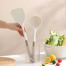 日式簡約矽膠鍋鏟湯勺套組，食品級矽膠材質，不沾鍋適用，耐高溫無異味, 1個, 奶嘴級硅膠/不傷鍋/耐高溫,約36cm長雙色鍋鏟