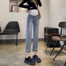 임산부 청바지 봄가을 루즈핏 하이웨스트 배꼽 스트레이트 이너 스모크 9부 바지 가을옷
