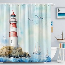 Xioistiy 바다 해안 샤워 커튼 등대 갈매기 및 영감을 주는 아트 커튼 세트 열대 야자수 해변 테마 소박한 해상 수채화 장식 목욕 후크 12개 182.9x182.9cm