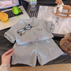 男童套裝2026新款夏季韓版學院風兒童條紋短袖襯衫短褲洋氣兩件套