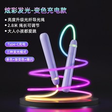 送數據線Type-C充電 發光跳繩 炫光跳繩 360 順暢不卡繩 七彩變色 兒童跳繩 健身跳繩 瘦身減肥 成人跳繩, 1個, 亮度陞級款多色可調充電光纖款 高貴紫