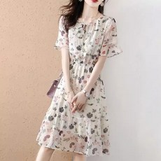 FIRSGIRL 여성 쉬폰 플라워 원피스 반팔 A라인 루즈핏 여름 미디 원피스