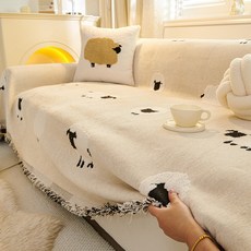 雪尼爾絨毛羊圖案沙發墊，四季通用，現代簡約風萬能沙發套, 1個, 小綿羊-白色,180*130cm【單人位無扶手】