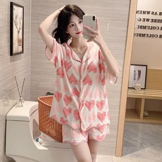 自帶胸墊一體睡衣套裝 女士夏季開衫短袖家居服