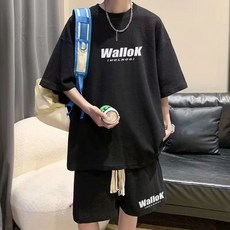 WalloK 華夫格運動休閒短袖T恤短褲兩件套 男女款