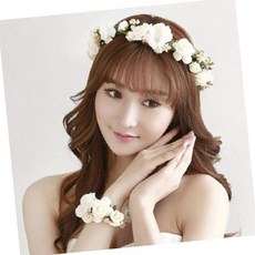 웨딩 화관 꽃팔찌 신부 머리띠 하얀 장미 조화 촬영 소품, 피치화관+팔찌