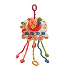 KC인증 몬테소리 문어 옥토퍼스 스트링 장난감 신생아 감각 교구 당김 실리콘 우주선 끈 장난감, 레드, 1개