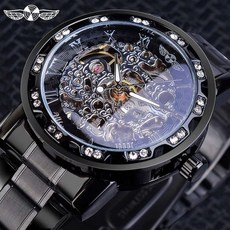 남자 스켈레톤 오토매틱 기계식 수동 시계 2060 손목, 1, E. 블랙 블랙 다이얼 실버 문자 블랙