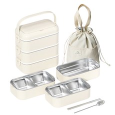 Shipshape 도시락통 스텐 런치박스 3단 보온도시락통 자레인지 적용 휴대용보온백 포함 학생 직장인 런치박스, 1개, 화이트-3단