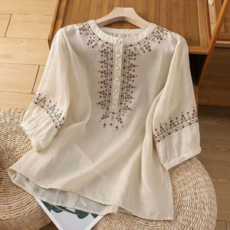 夏季新款棉麻復古菱格刺繡襯衫女氣質休閒套頭上衣
