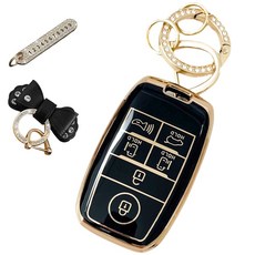 루루형제 기아 호환 자동차 프리미엄 TPU 키 케이스+번호 키링+가죽리본, 다크블랙, AK-03