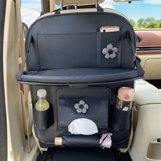 椅背防踢墊 內裝防髒 防護墊 車座椅背雜物掛袋 車用椅後置物袋 防髒墊 保護墊 保潔墊, 1個, 千鳥格小花-椅背折疊餐桌收納【黑】