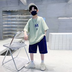 ZPEIZ 남아 여름 M자 프린트 티셔츠 와이드 반바지 상의 하의 세트 초등학생 상하복 세트