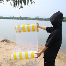 充氣泳池吊床 海邊浮床 水上漂浮床 水上充氣浮床 充氣浮板 水上游樂充氣躺椅浮床 充氣吊床 泳圈 浮板 吊床 充氣浮板, 黃色條紋雙管（送手打氣筒）,歐盟專利CE認證, 1個