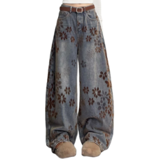 Makone 여성 청바지 빈티지 플라워 자카드 하이웨스트 와이드 데님 팬츠
