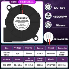 5015 50mm 24V 12V 5V 2핀 듀얼 볼/슬리브 베어링 브러시리스 냉각 터빈 블로워 팬 50mm x 15mm 블로워 쿨러, 1PCS, 없음 RGB, 12V Sleeve 4500
