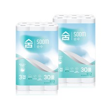 천연펄프 숨 순수 3겹 30롤 부드러운 비데겸용 화장지, 2개, 20m