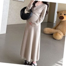 임산부 니트 맥시 원피스 긴소매 베이지 결혼식 하객룩 데일리룩 출근복 임신복