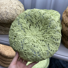 夏季鏤空鉤花紙草貝雷帽 透氣畫家帽, 淺綠, M(56-58cm)